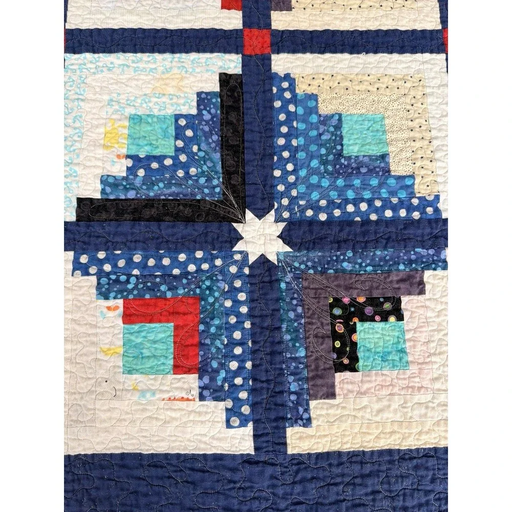 Handmade Log Cabin Patchwork Quilt 57.5x57 Chicken Backing Red Blue Throw